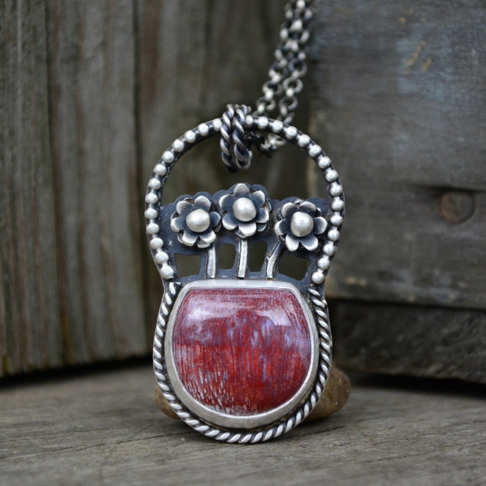 Jasper Flower Necklace Sterling Silver Handmade